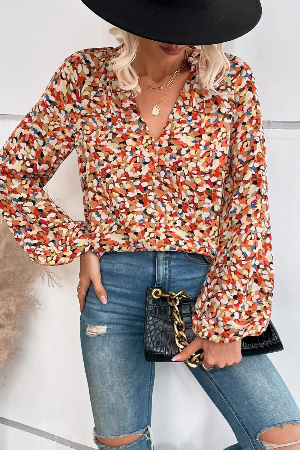 Printed Notched Long Sleeve Blouse