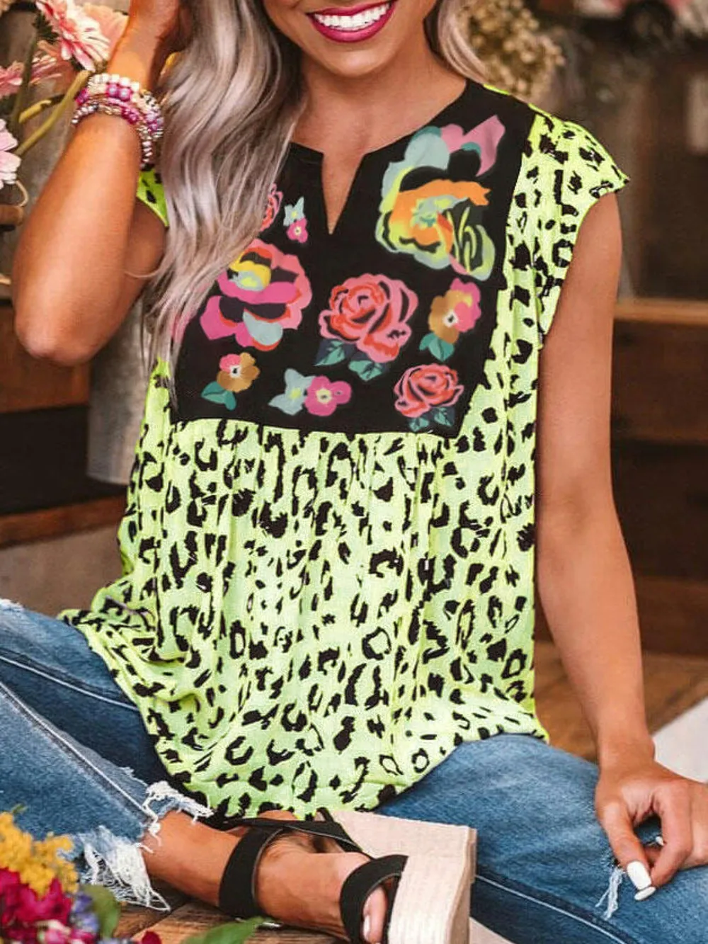 Full Size Leopard Floral Notched Cap Sleeve Blouse Plus Size