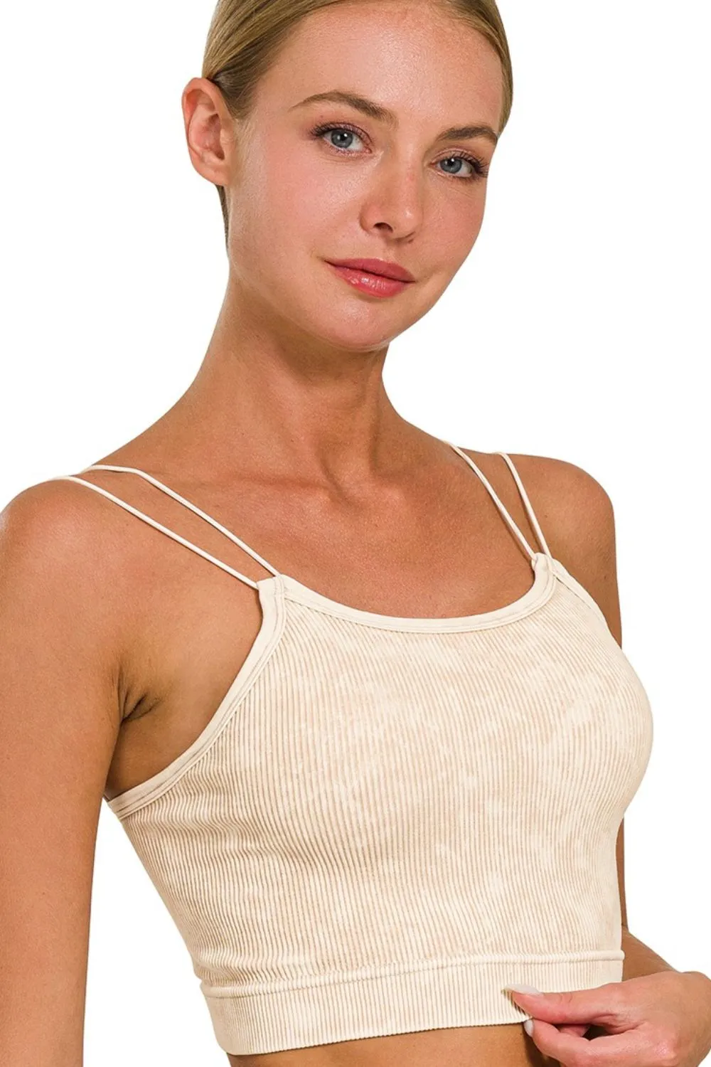 Zenana Washed Ribbed Seamless Double Strap Brami