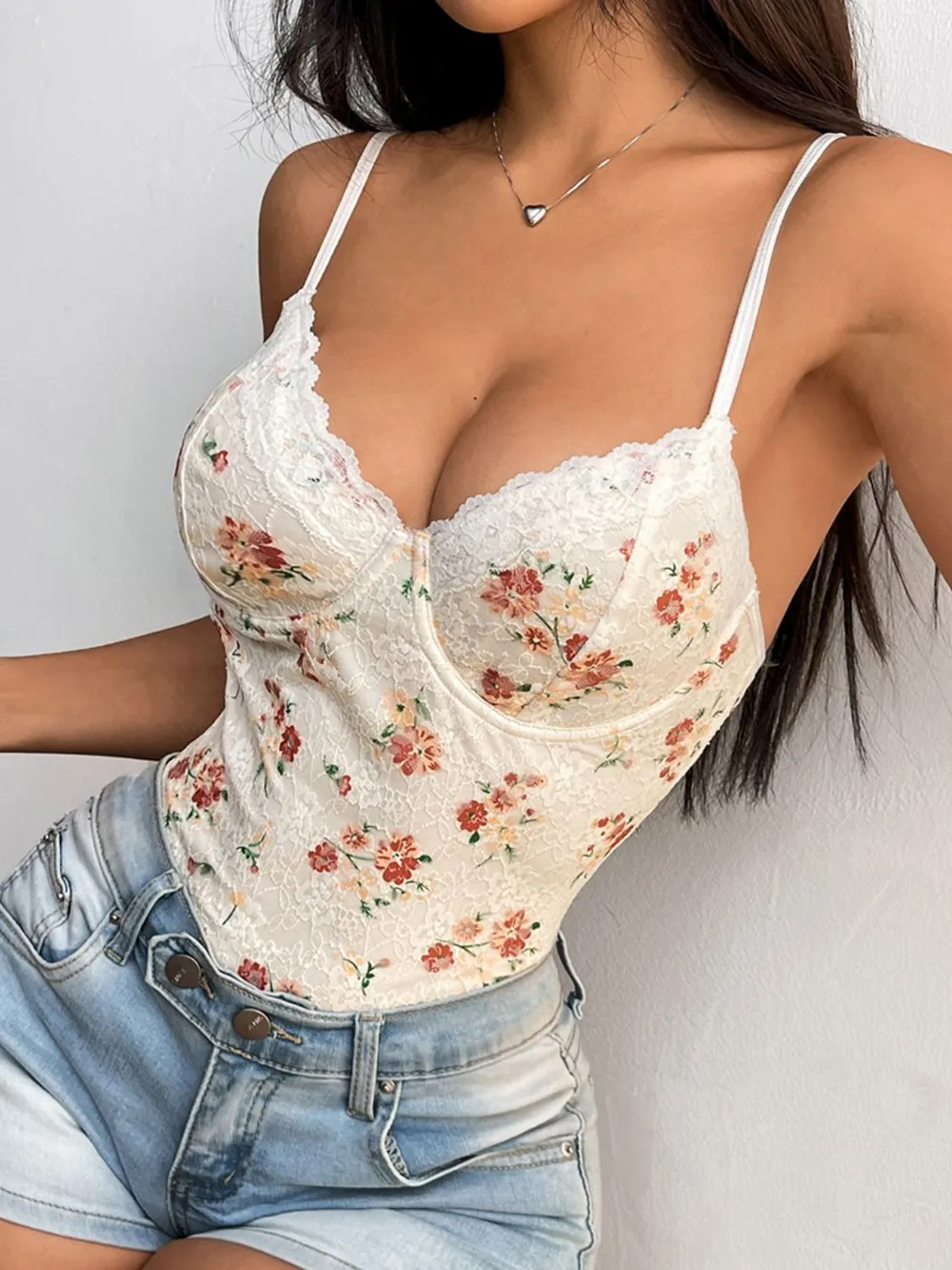 Lace Detail Crisscross Back Spaghetti Strap Bodysuit