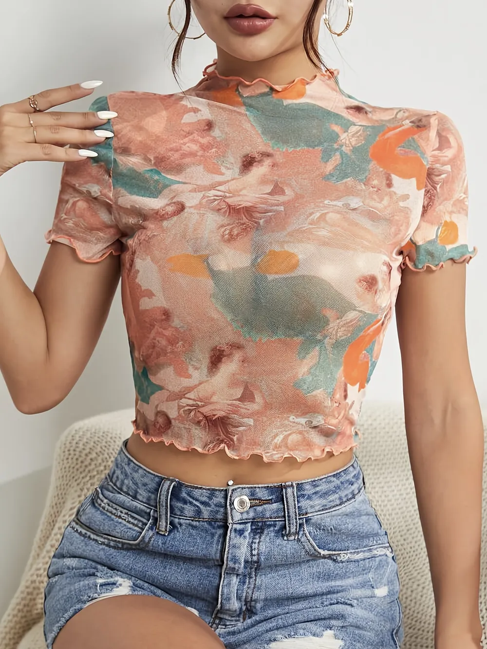 Abstract Print Ruffled Mock Neck Crop T-Shirt