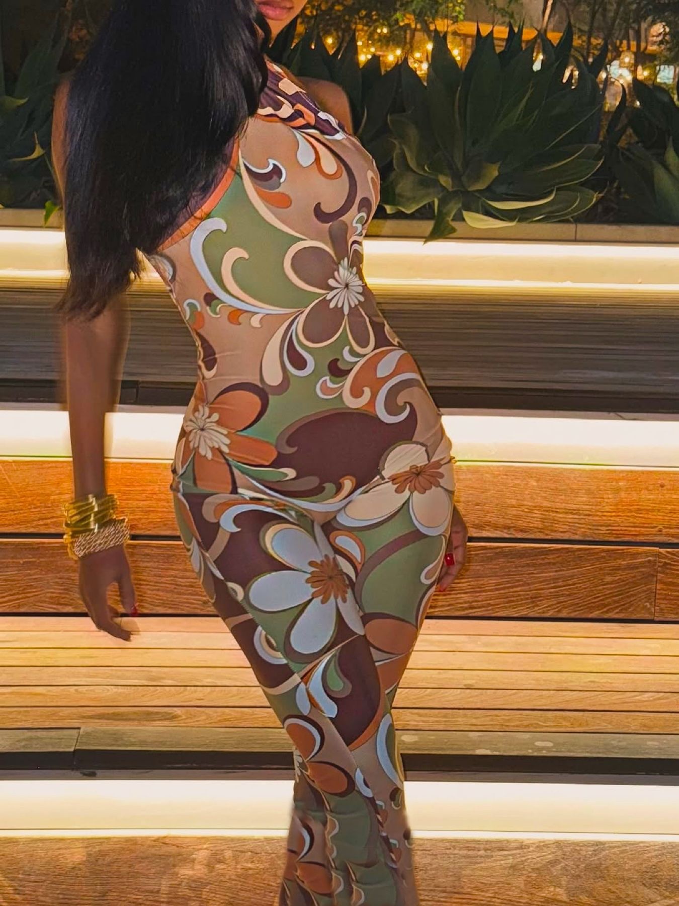 Tropical Print Halter Neck Bodycon Jumpsuit