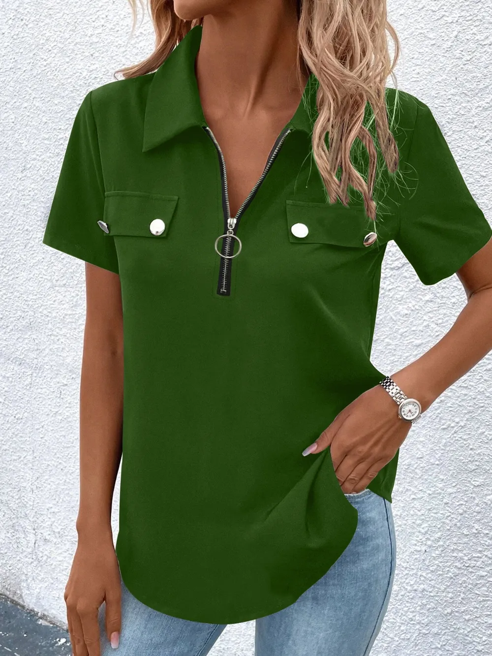 Zip Collar Short Sleeve Top