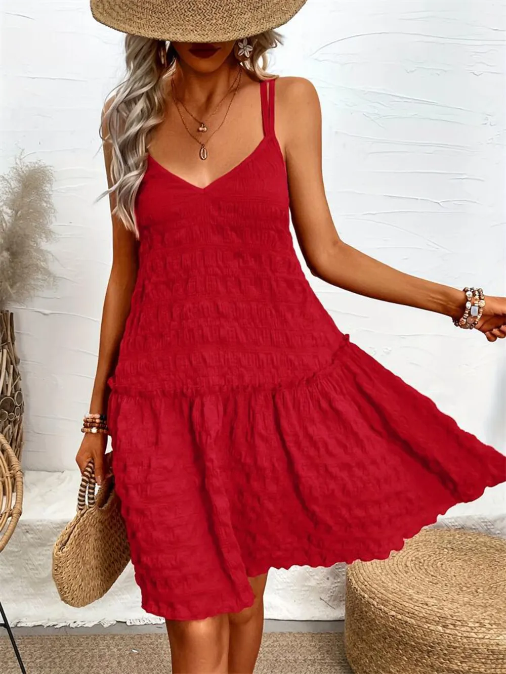Crisscross Double Spaghetti Straps Tiered Cami Dress