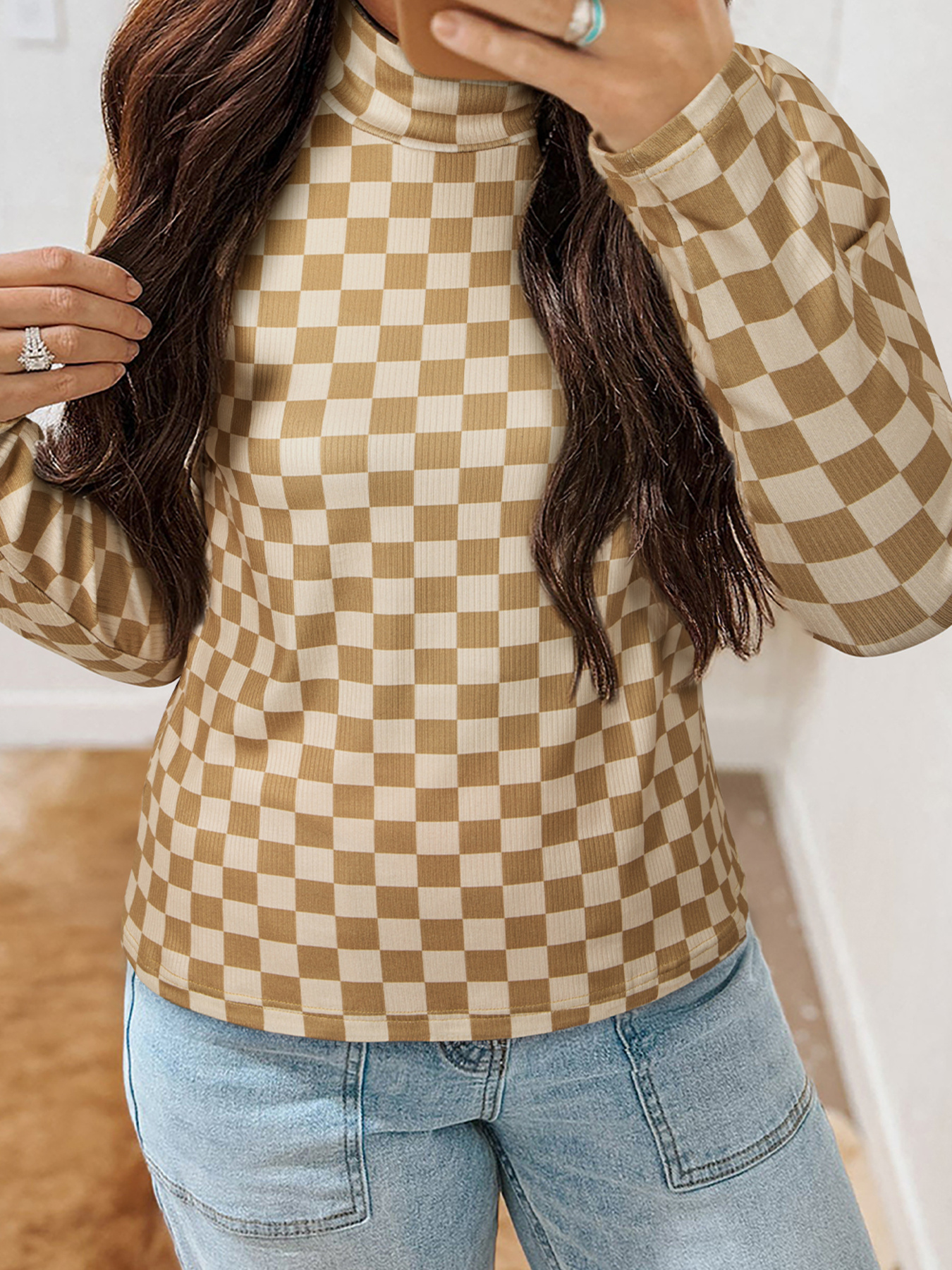Check Pattern Turtleneck Slim Long Sleeve Tee