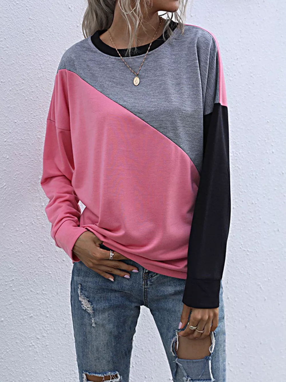 Color Block Casual Round Neck Sweatshirt