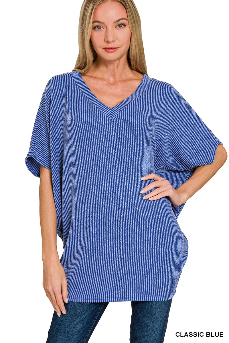 Zenana Raised Rib V-Neck Batwing Top