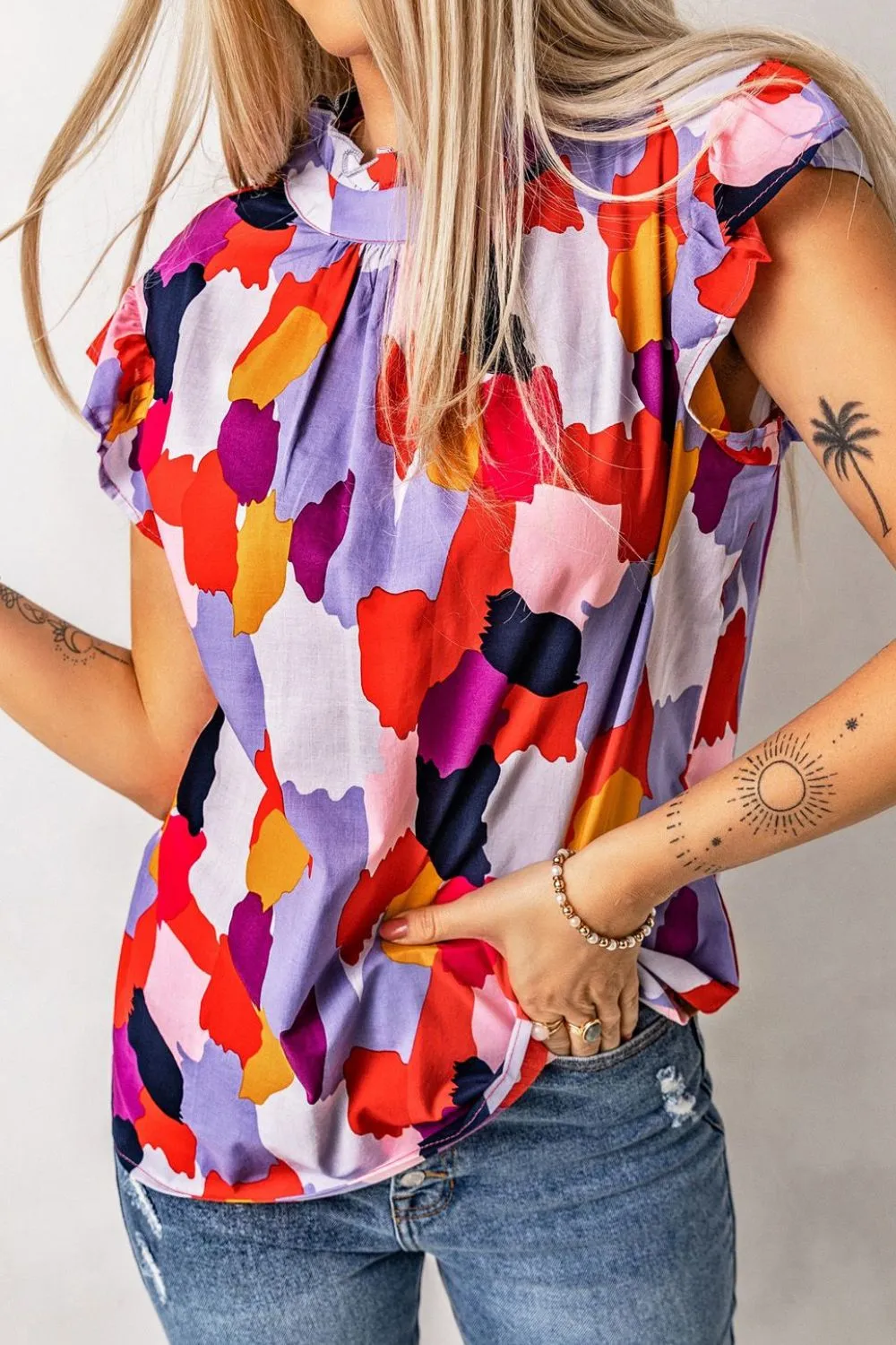 Frill Printed Mock Neck Cap Sleeve Blouse