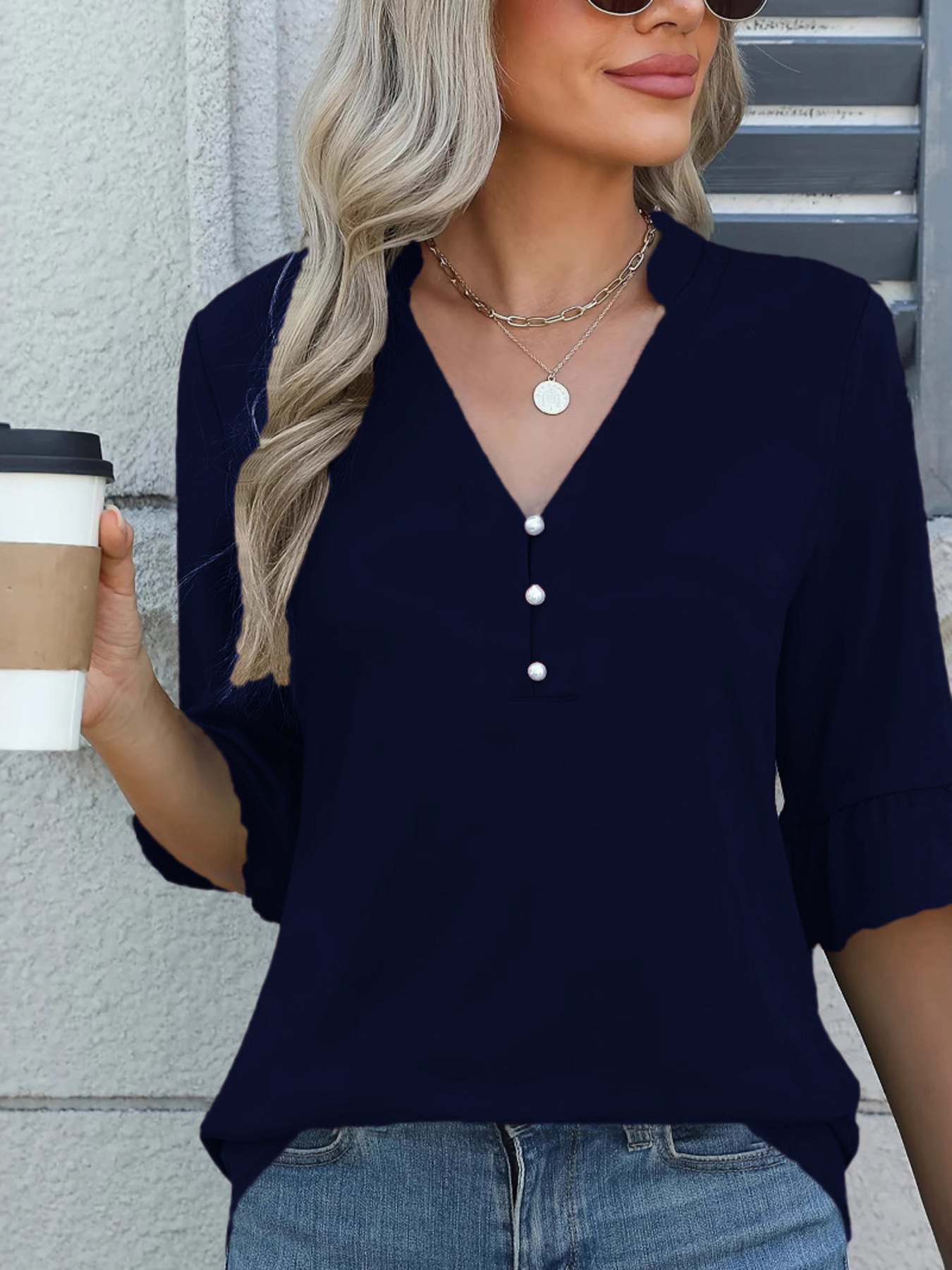 Full Size Notched Flounce Sleeve Blouse Plus Size