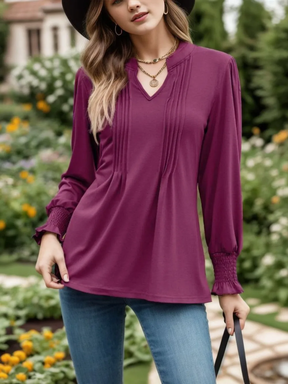 Notched Smocked Flounce Sleeve Blouse
