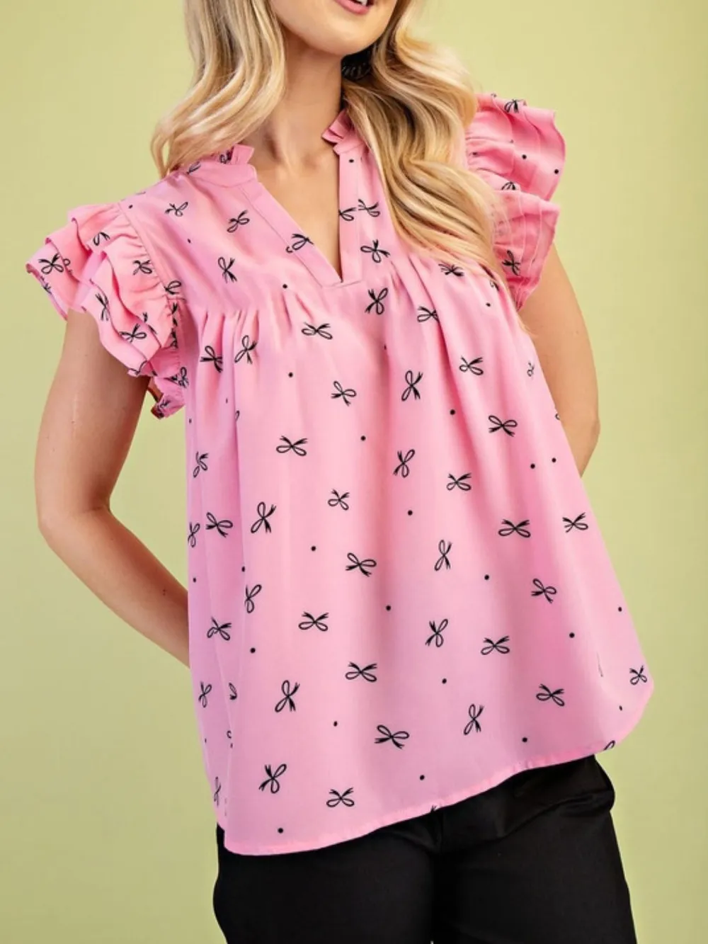 Notched Ruffled Cap Sleeve Blouse