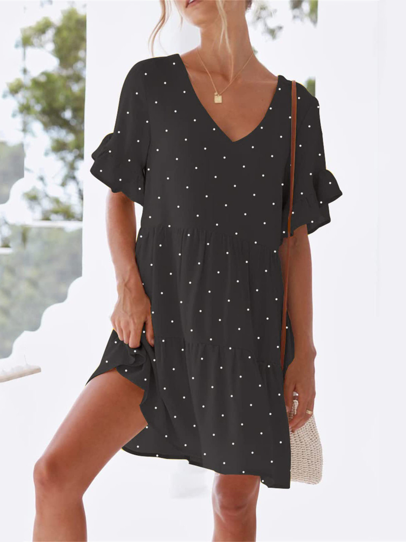 Polka Dot V-Neck Short Sleeve Mini Dress
