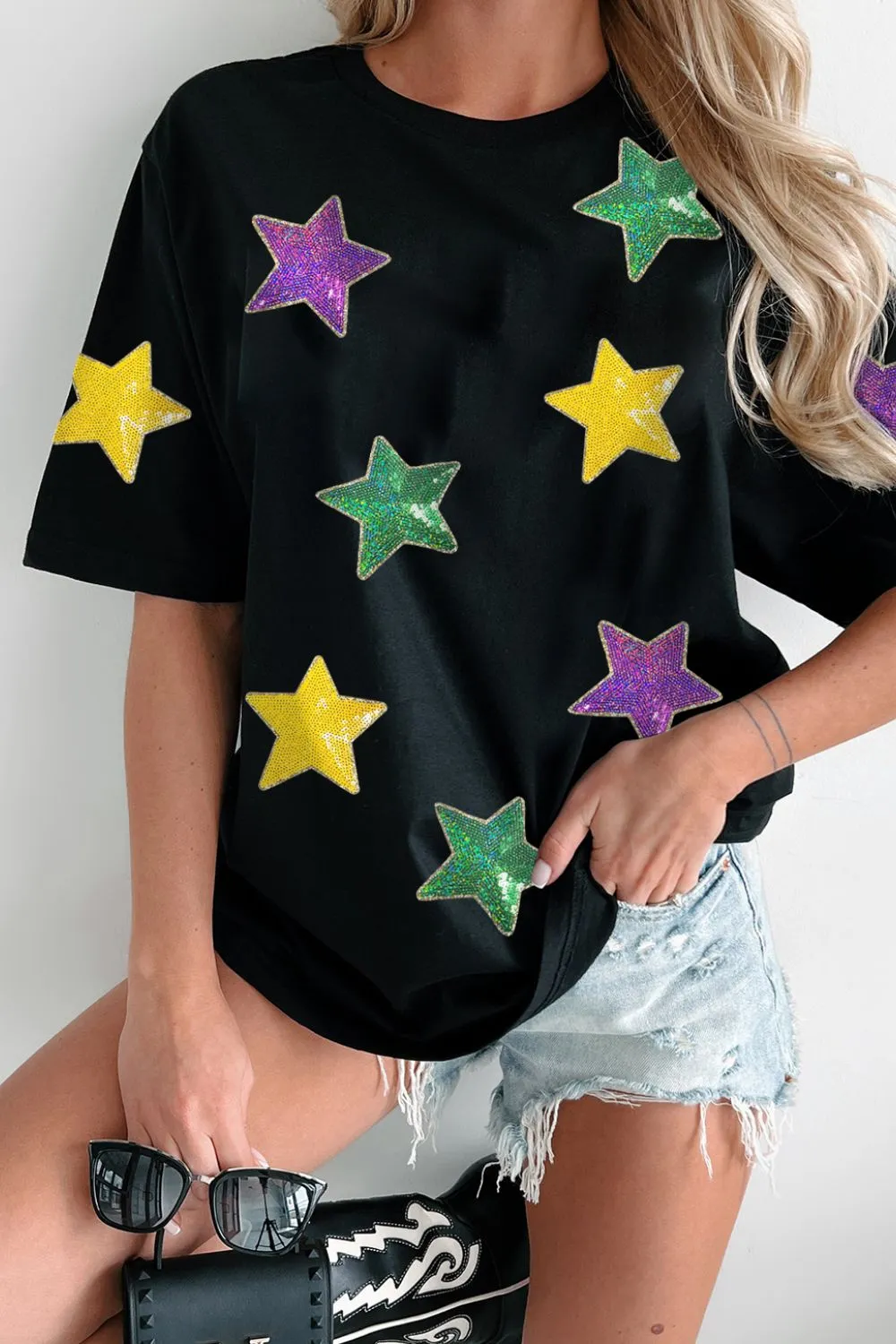 Sequin Stars Patched Round Neck T-Shirt