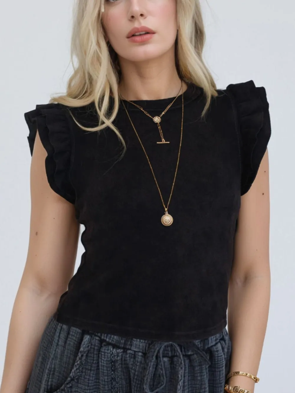 Ruffled Crew Neck Slim Fit Top