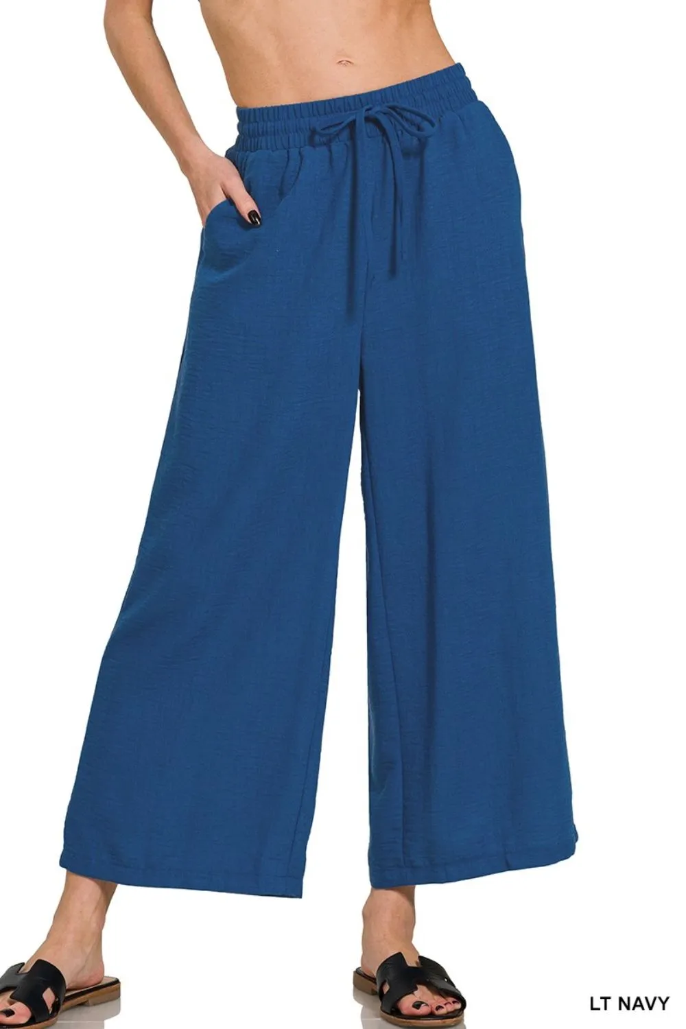 Zenana Woven Crepe Elastic Band Waist Cropped Pants