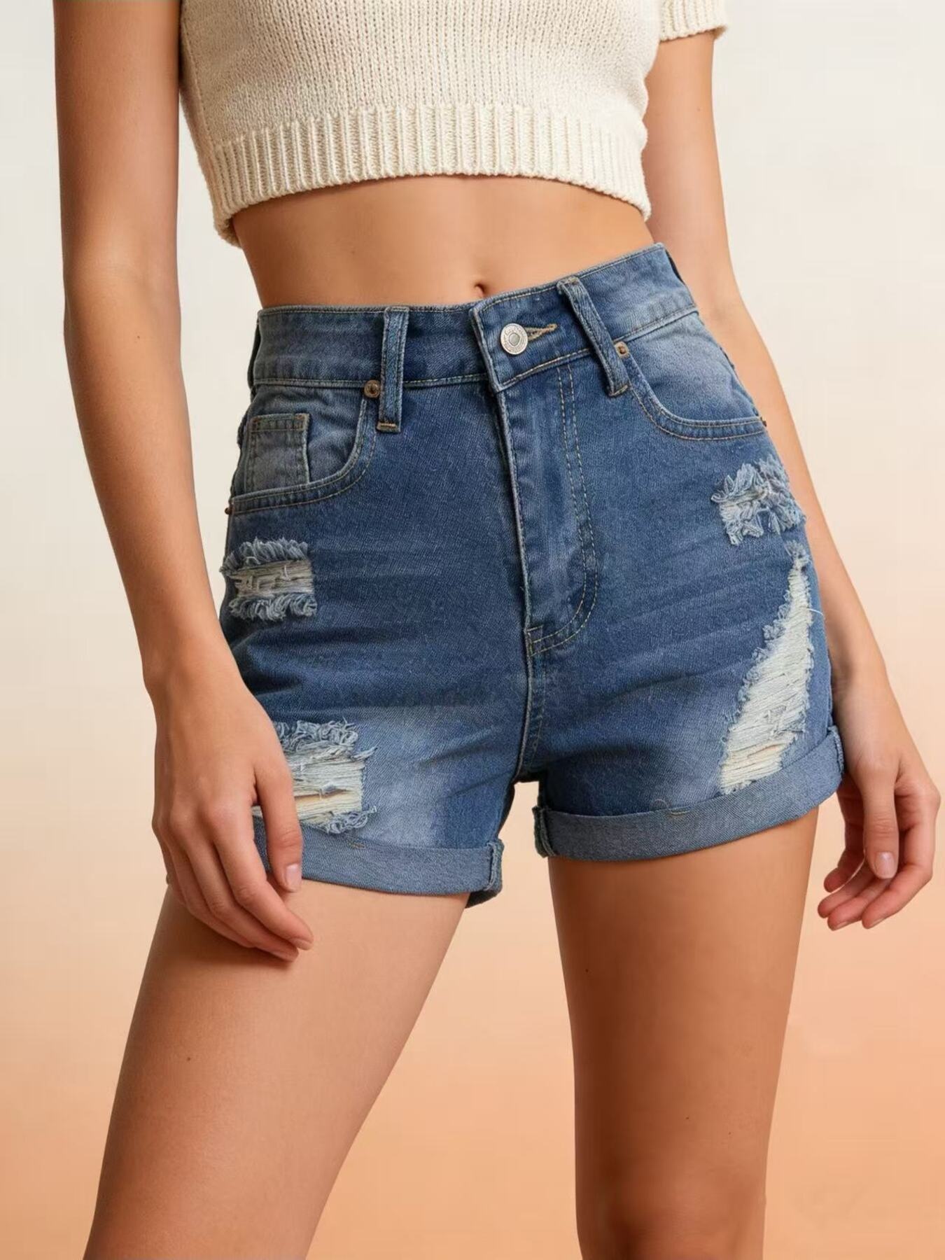 Distressed High-Waisted Denim Shorts