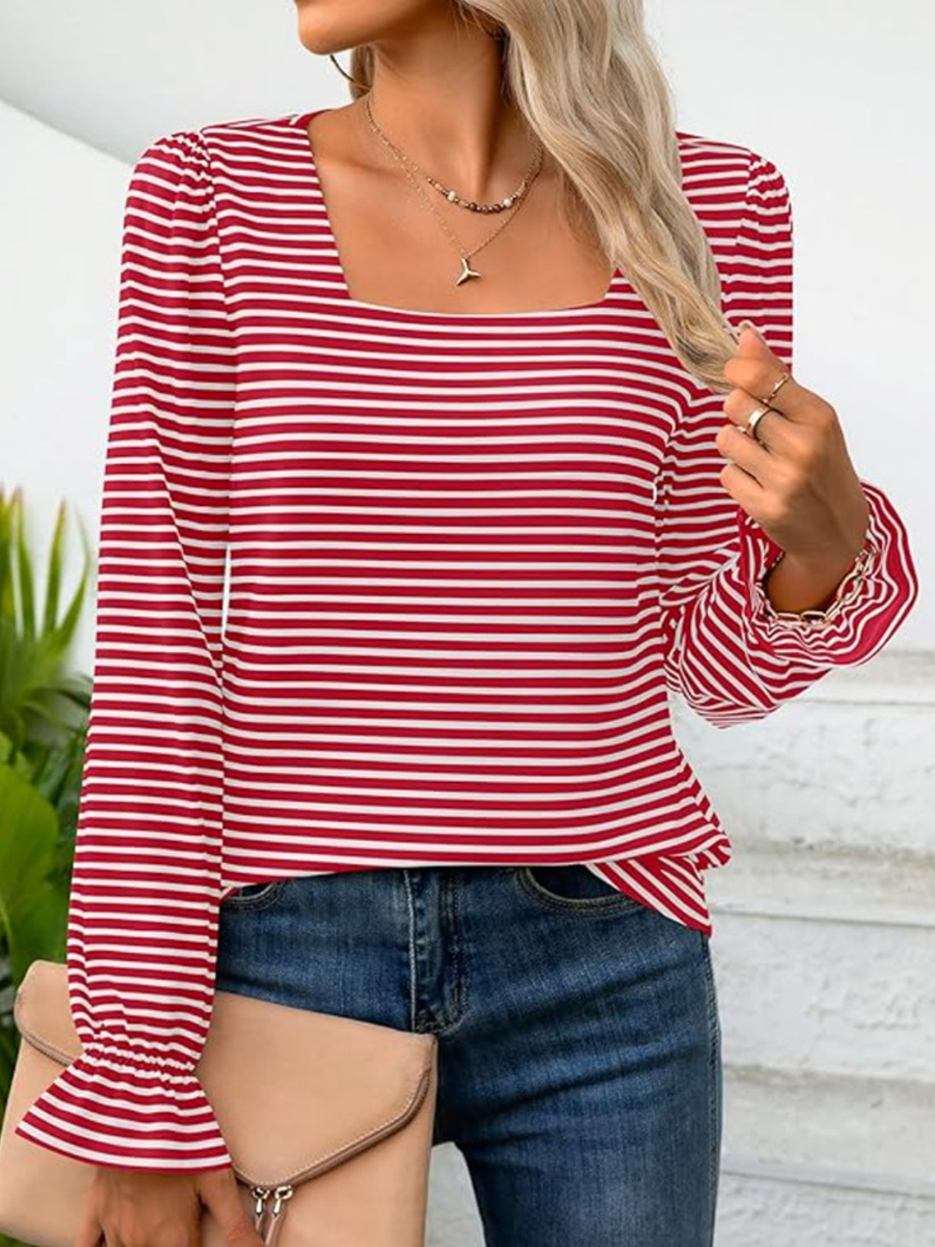 Striped Long Sleeve T-Shirt with Square Neckline