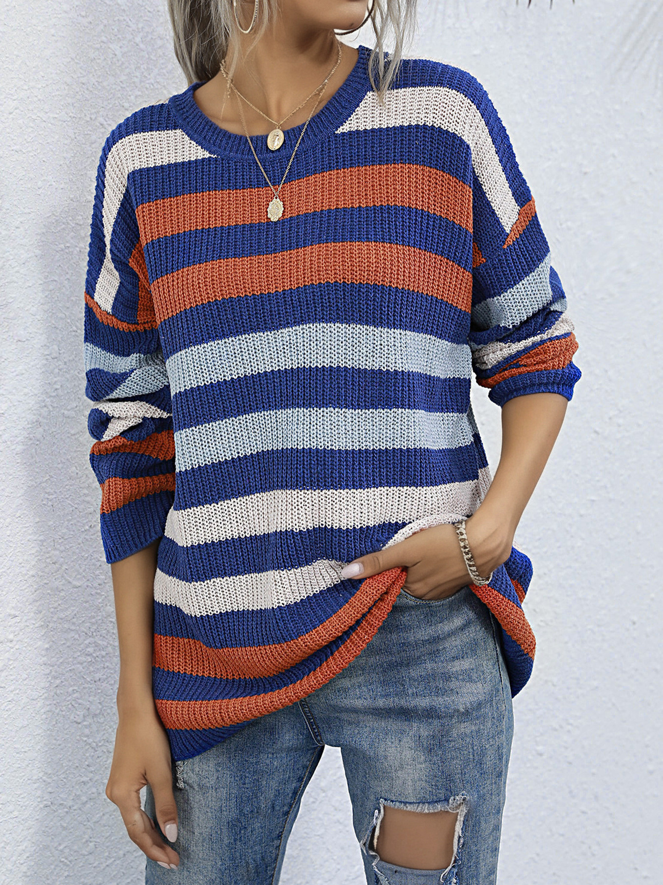 Striped Knit Round Neck Sweater
