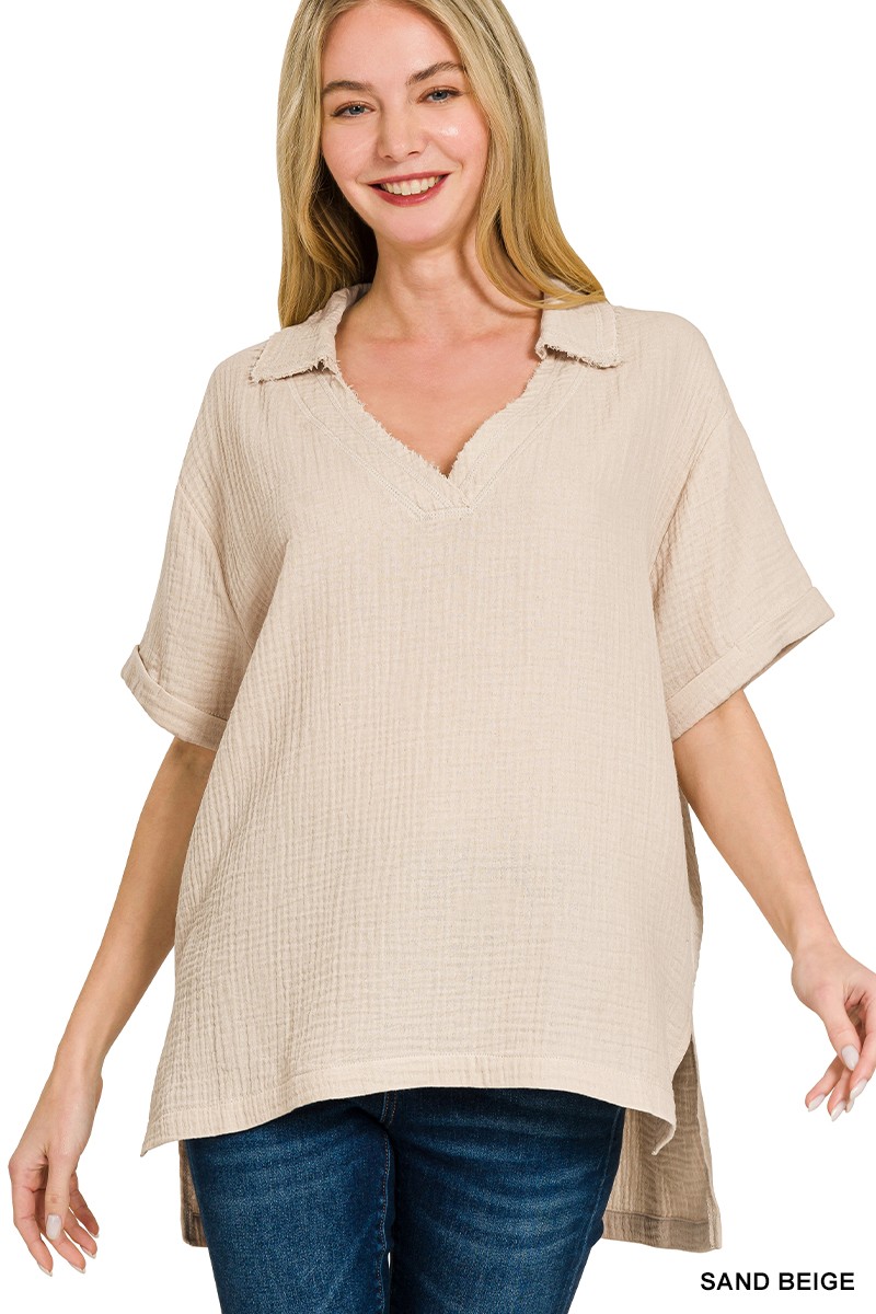 Zenana Double Gauze Short Sleeve High-Low Top