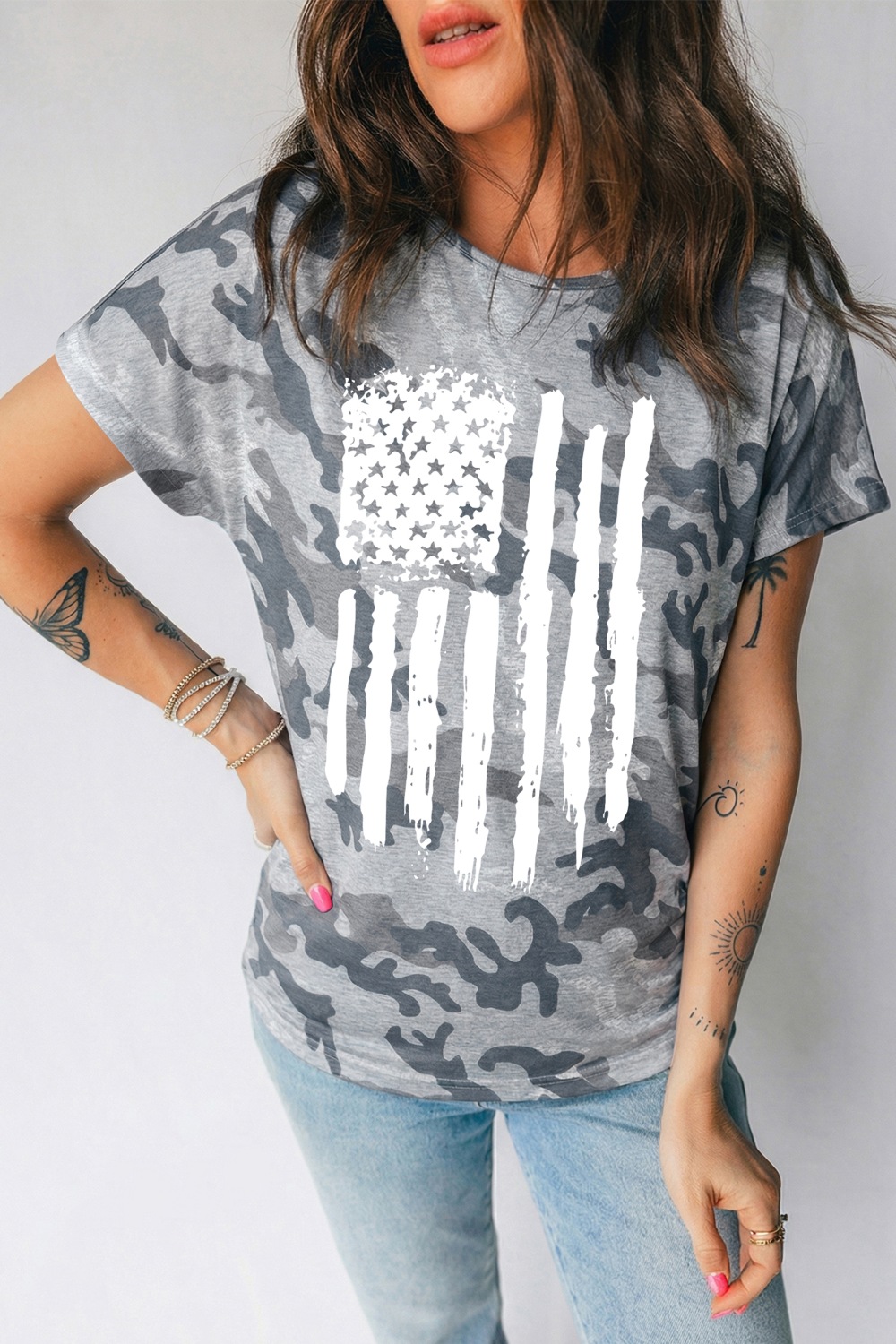 Camouflage Retro American Flag Printed Tee
