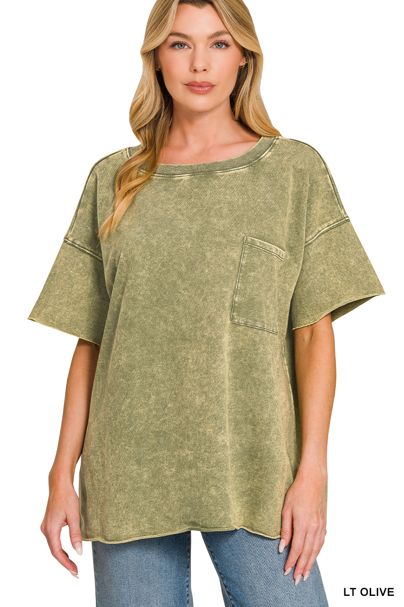 Zenana French Terry Washed Drop Shoulder Raw Edge Top
