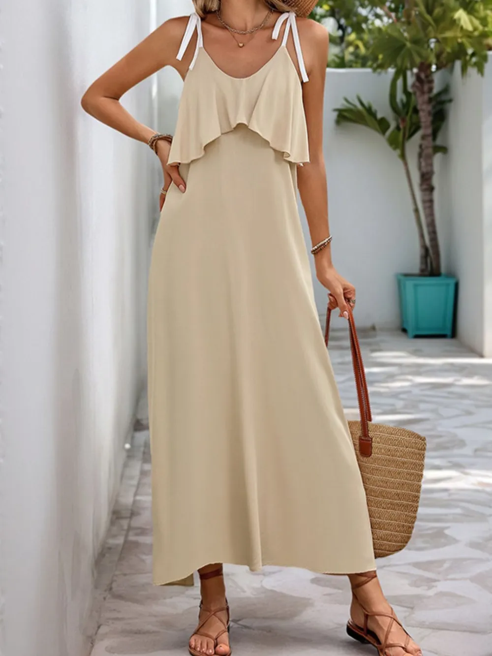 Perfee Tied Ruffled Scoop Neck Sleeveless Dress