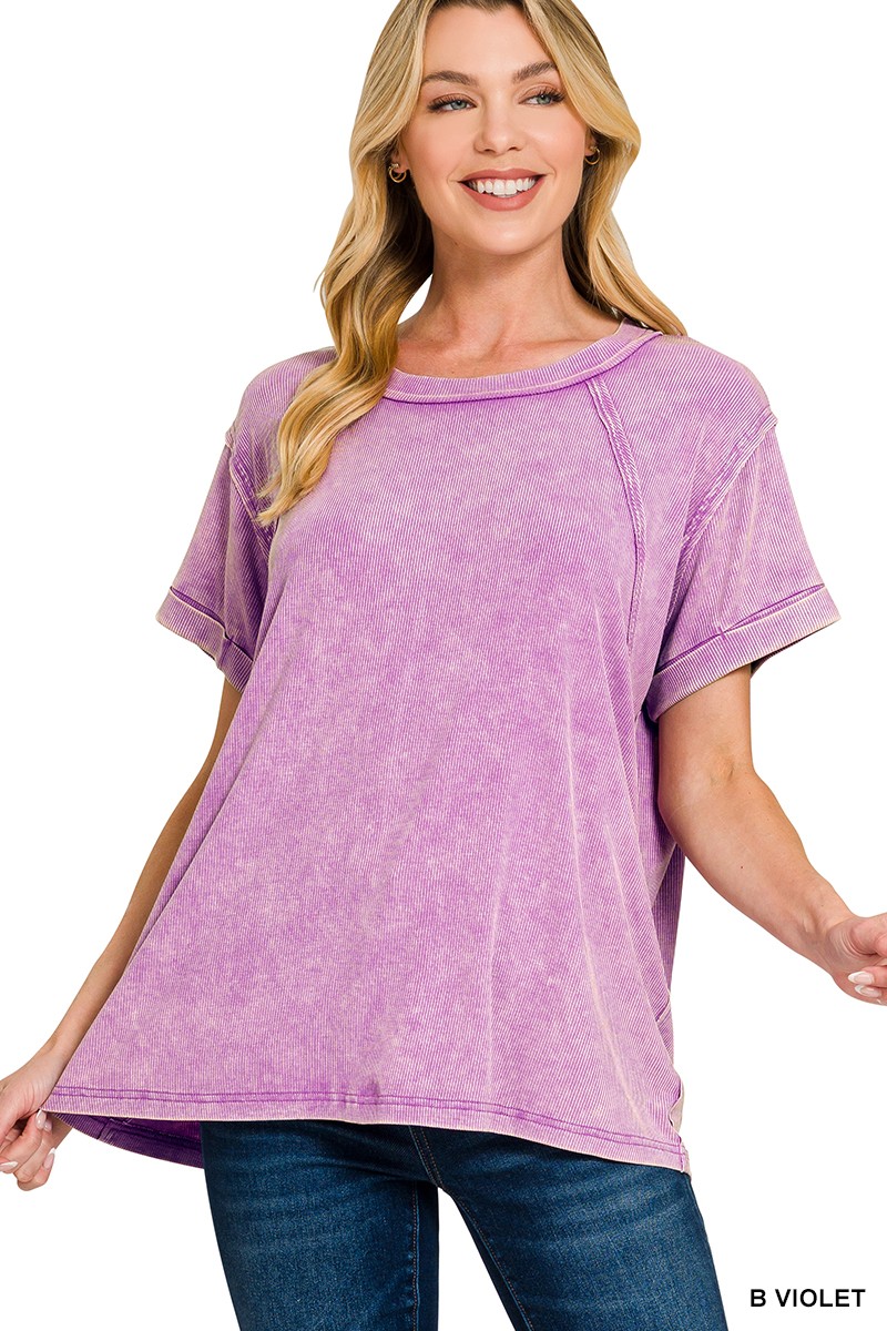 Zenana Washed Ribbed Cuffed Short Sleeve Round Neck Top