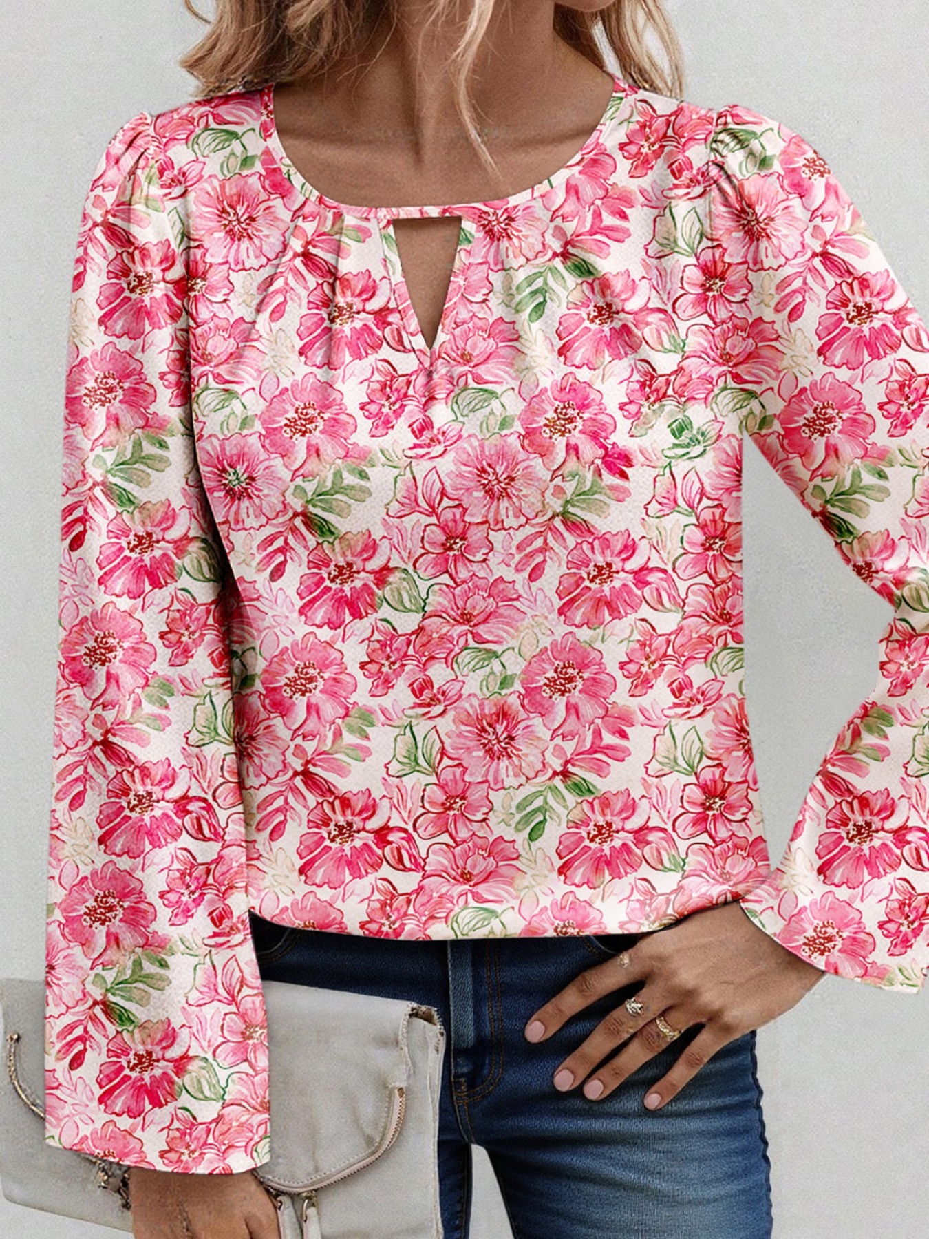 Floral Print Keyhole Neck Blouse