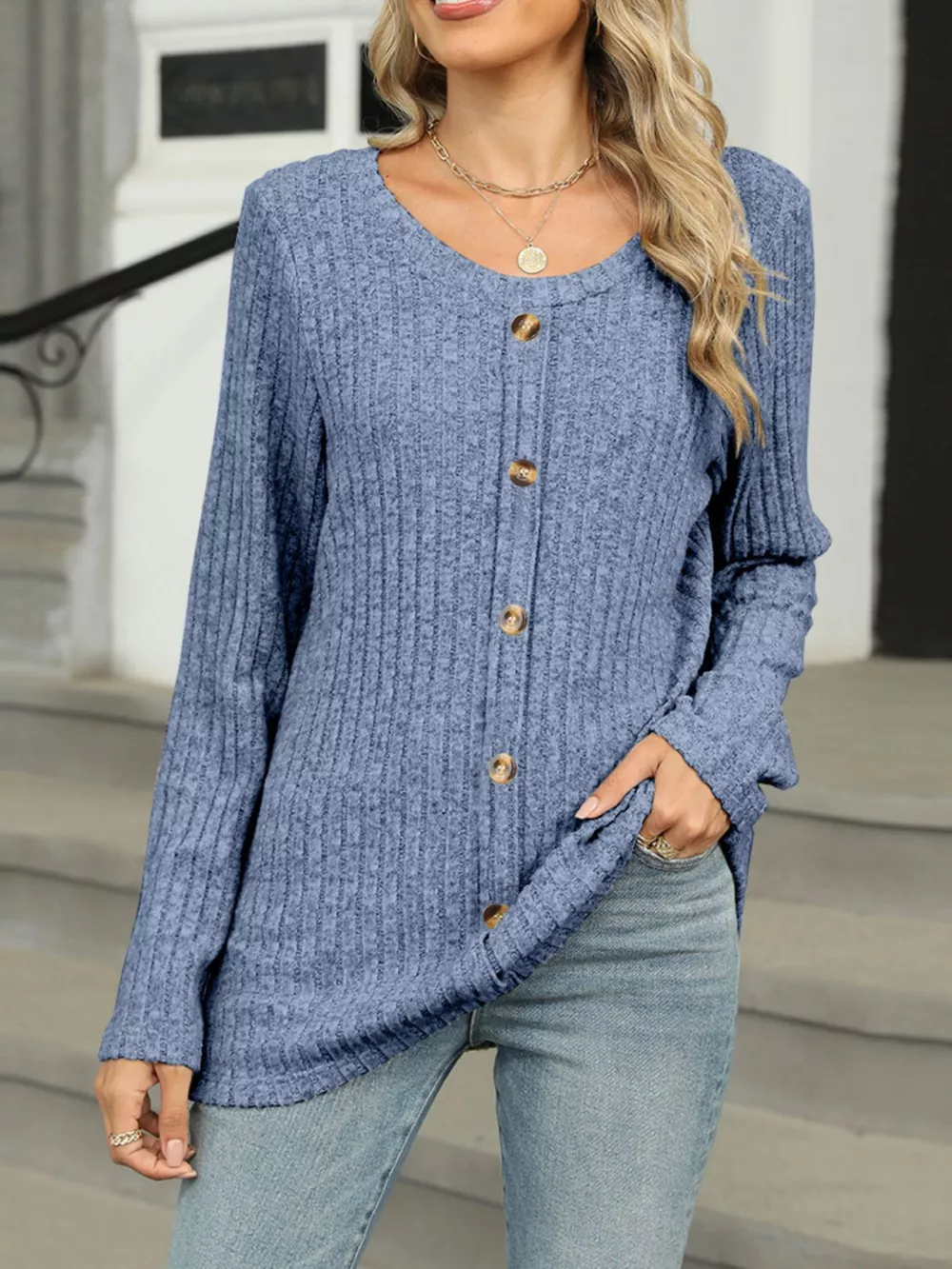 Ribbed Round Neck Long Sleeve Top