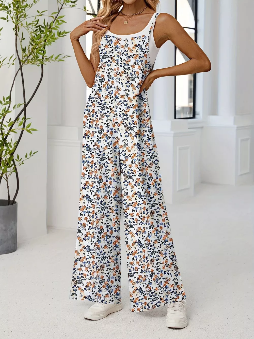 Full Size Floral Print Wide Leg Casual Jumpsuit Plus Size