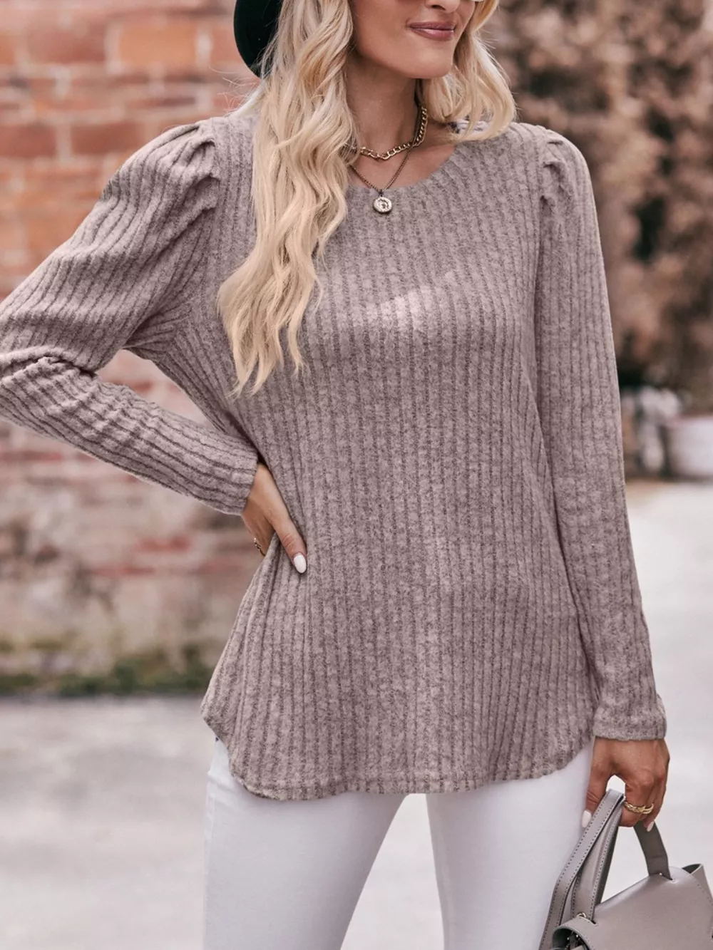 Ribbed Knit Puff Sleeve T-Shirt