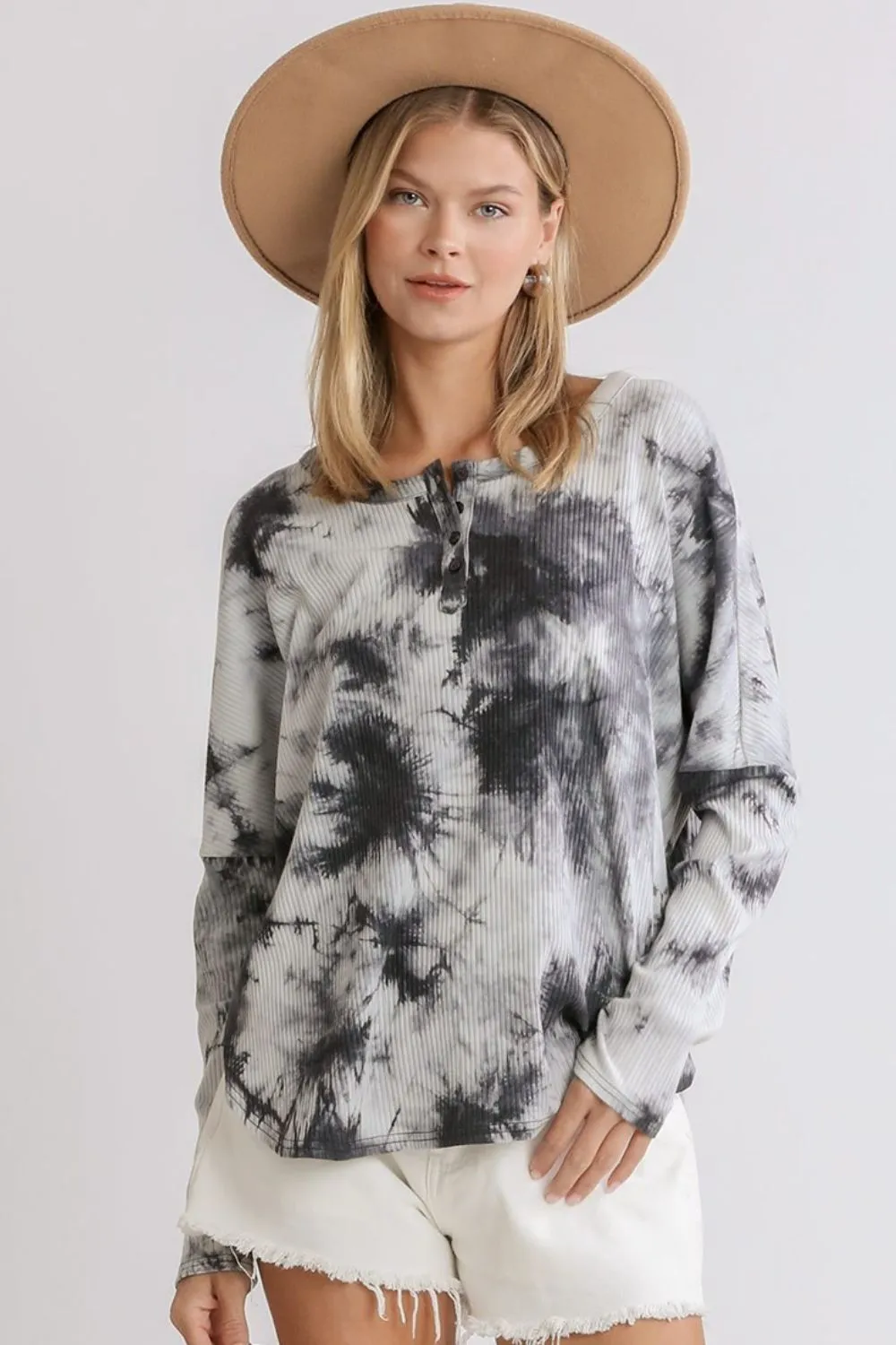 Umgee Full Size Tie Dye Round Neck Ribbed Button Front Top Plus Size