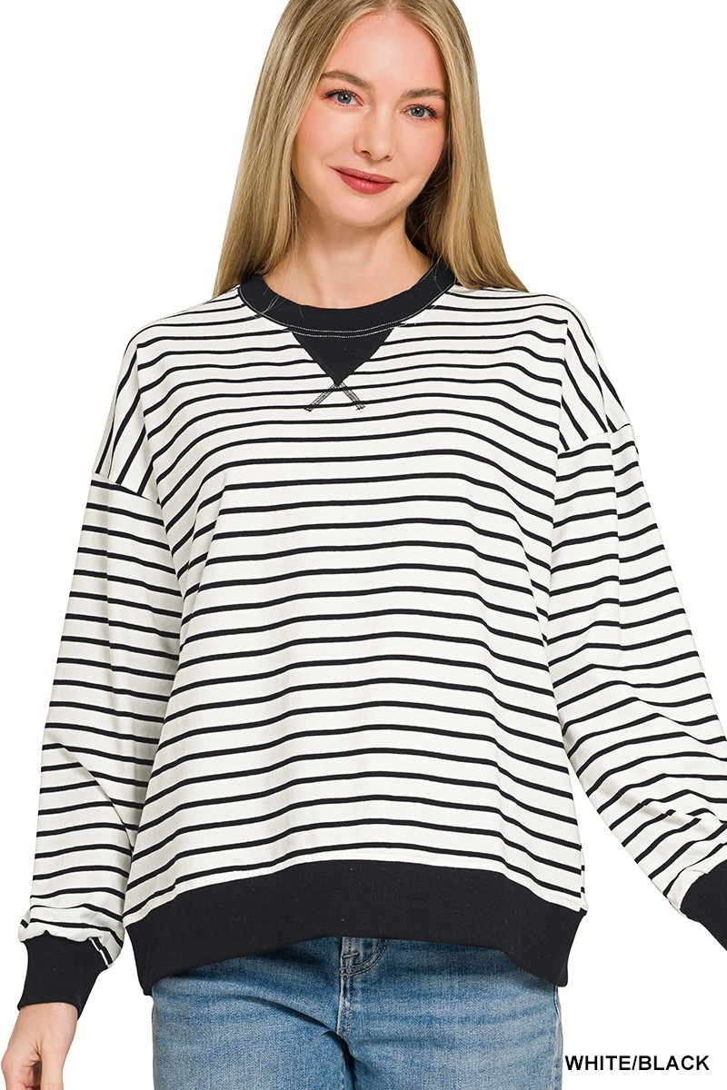 Zenana Contrast Striped Round Neck Sweatshirt