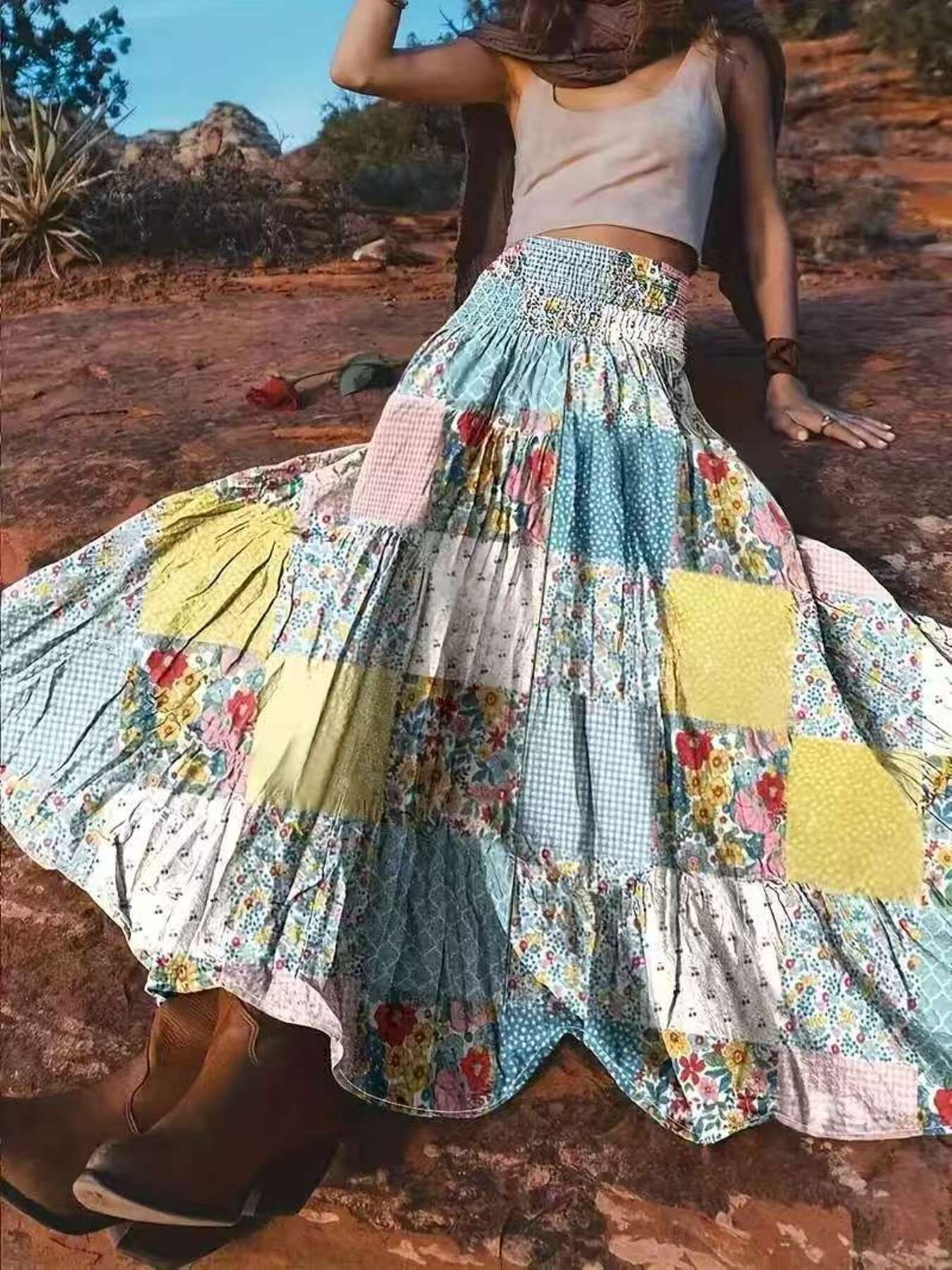 Smocked Waist Printed Maxi Skirt