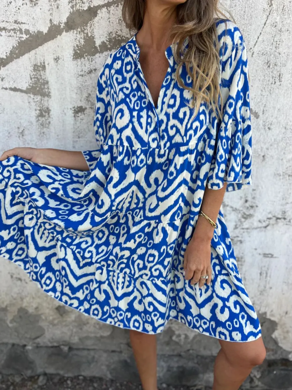 Full Size Printed Notched Half Sleeve Dress Plus Size