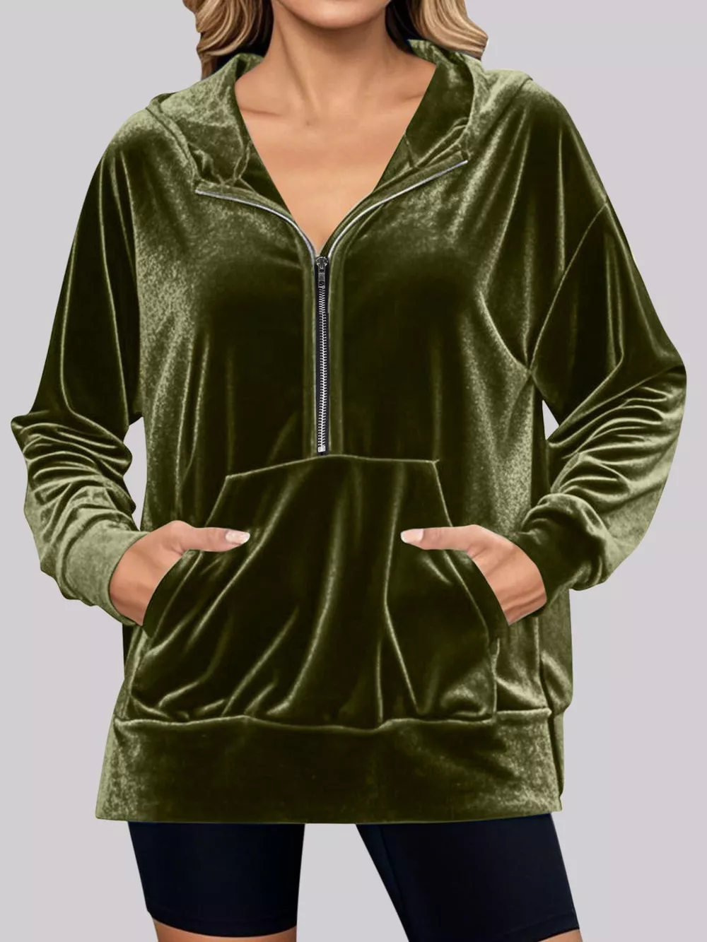 Full Size Velvet Half Zip Hoodie with Kangaroo Pocket Plus Size