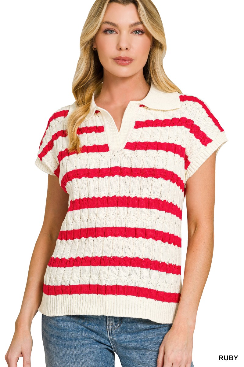 Zenana Textured Stripe Collared Sweater Vest