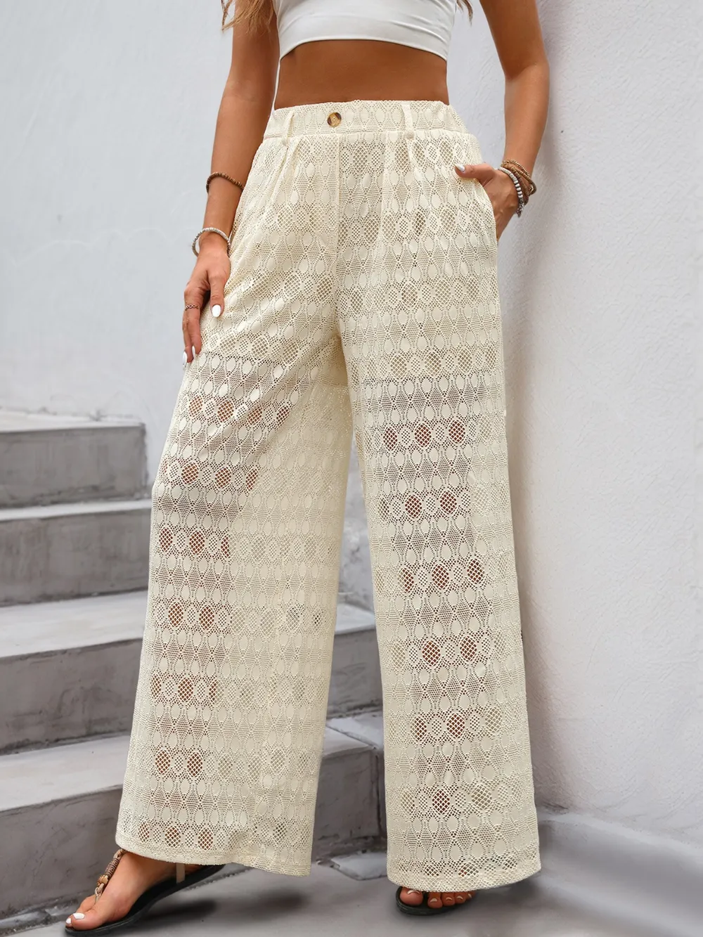 Decorative Button Wide Leg Pants