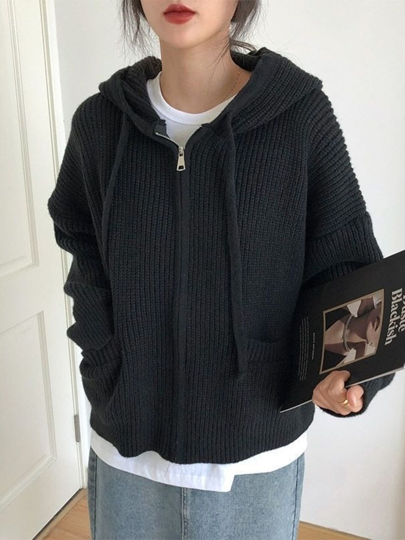 Casual Knitted Zip-Up Hooded Cardigan