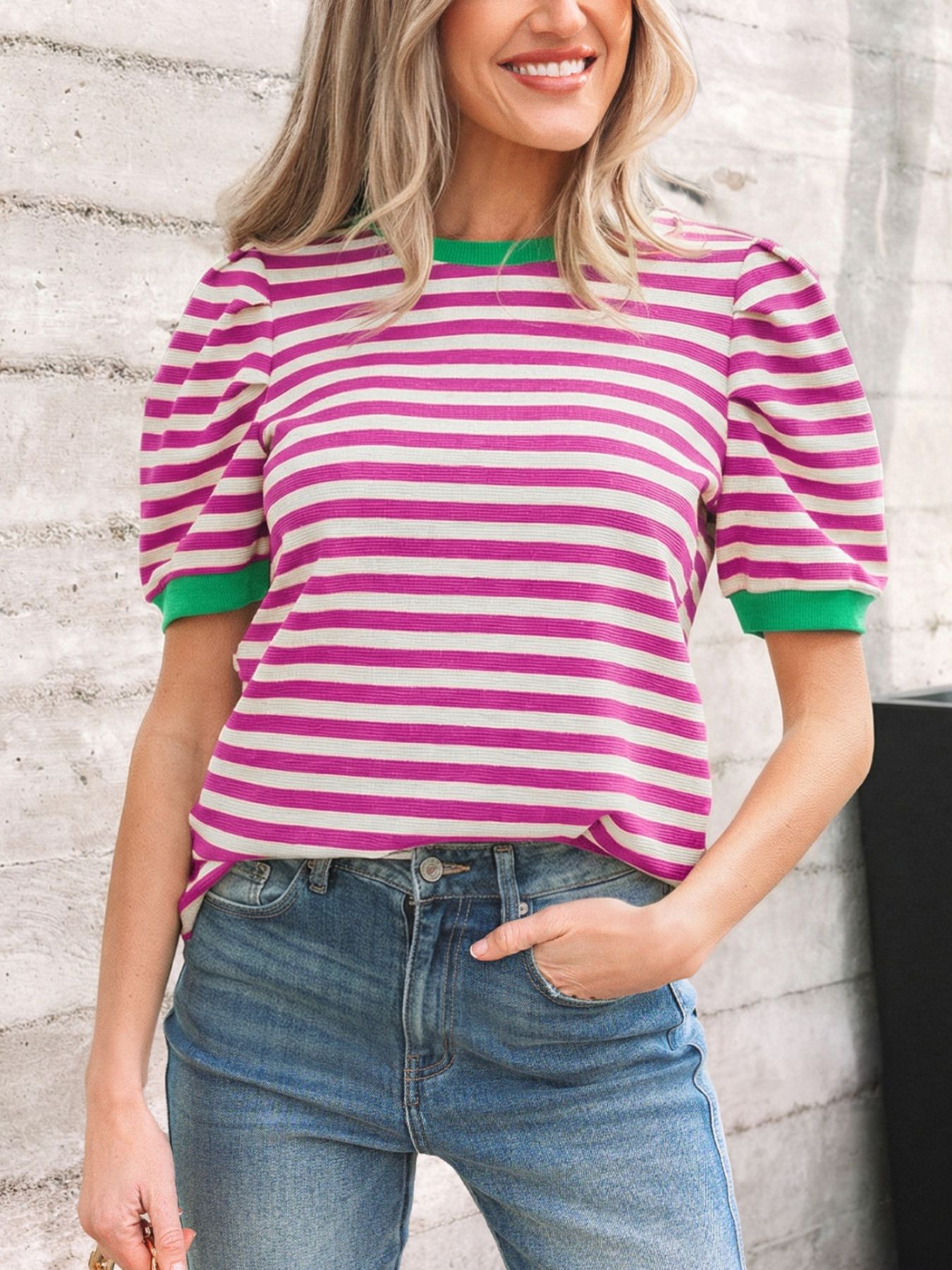 Stripe Short Puff Sleeve Contrast Trim Round Neck Tee
