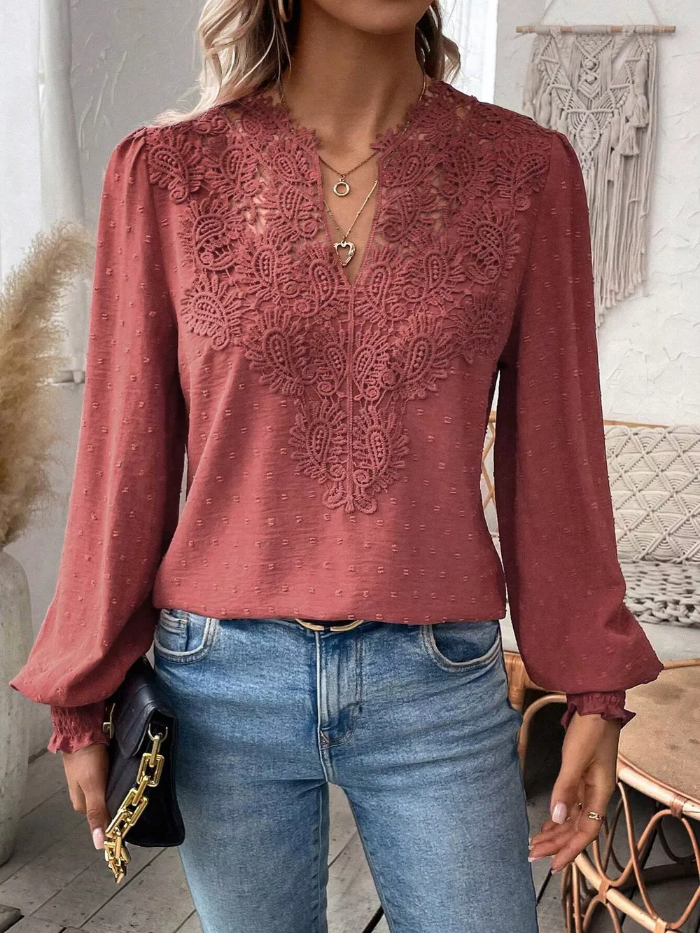 Lace Trim Long Sleeve Blouse