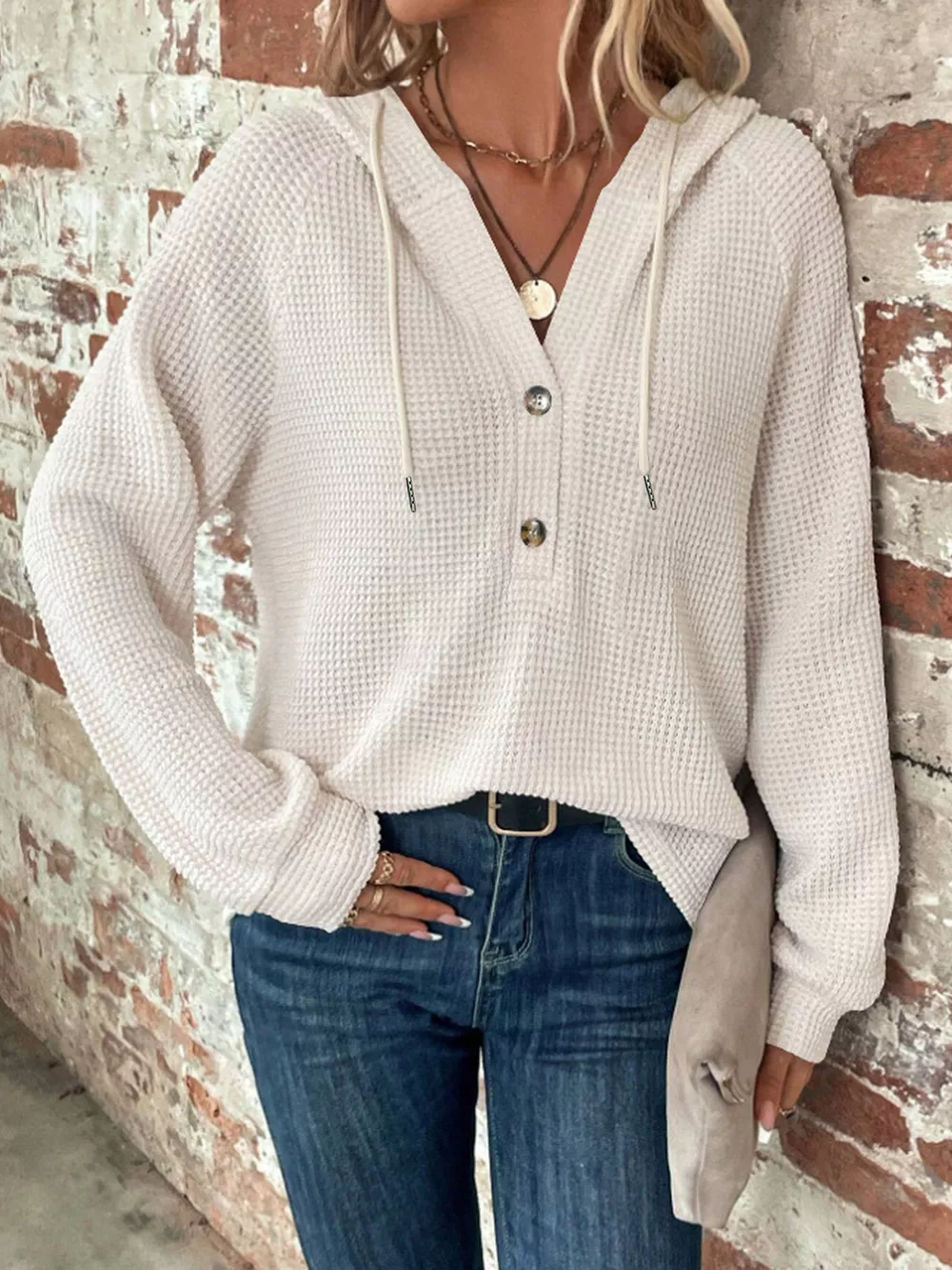 Full Size Button Detail Waffle Knit Hoodie Plus Size