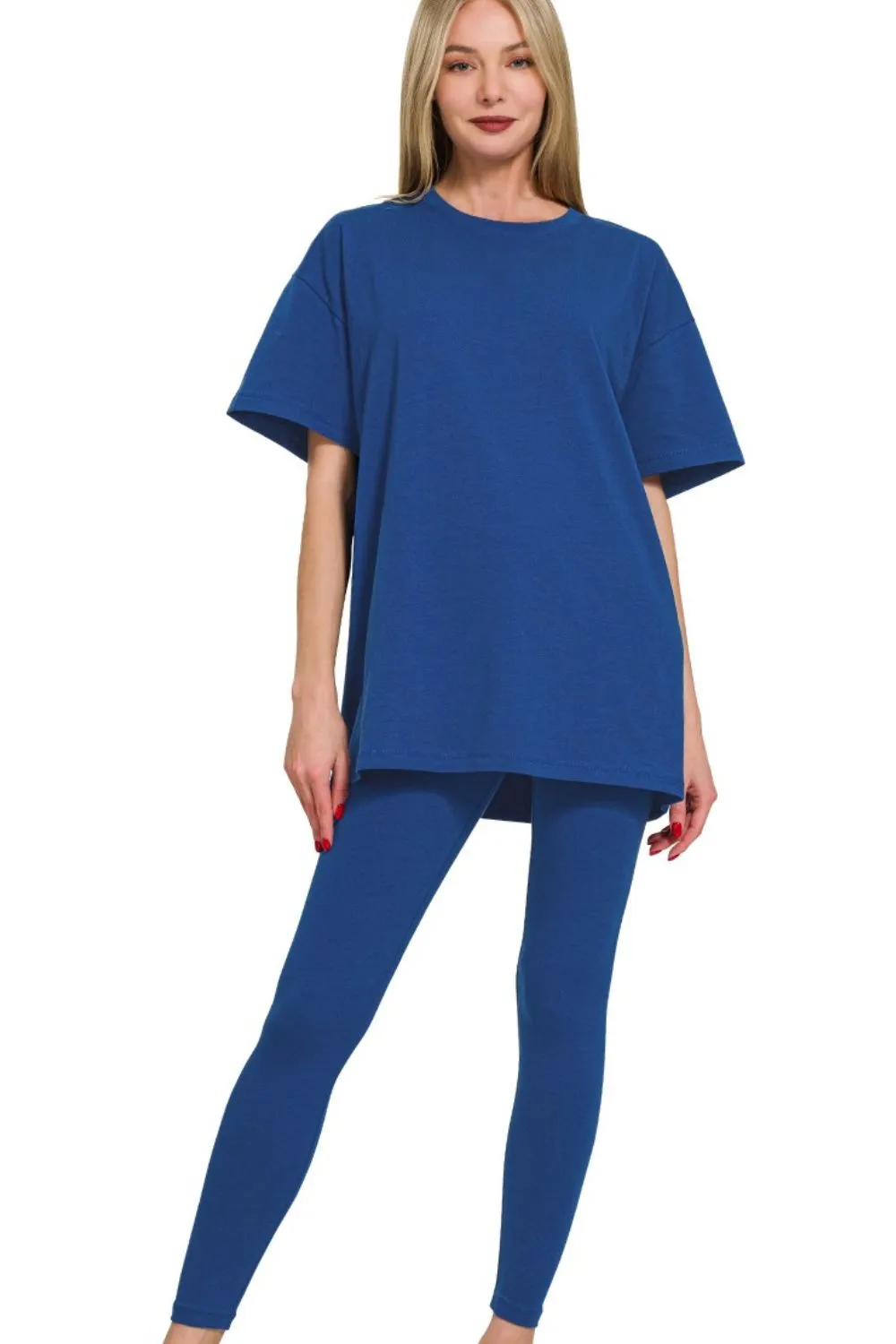 Zenana Cotton Round Neck Top & Legging Set