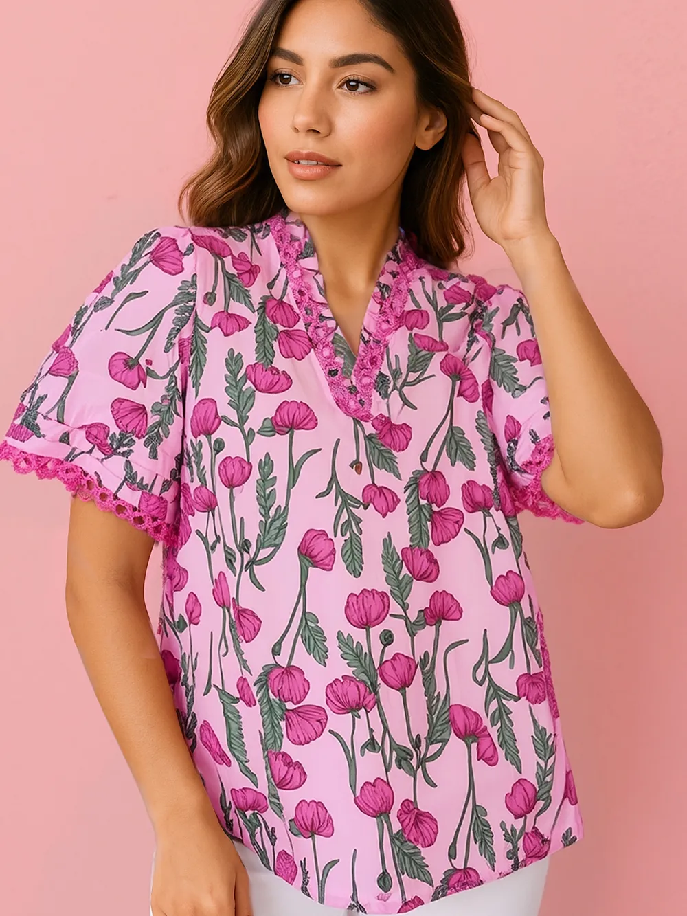 Floral Notched Short Sleeve Blouse