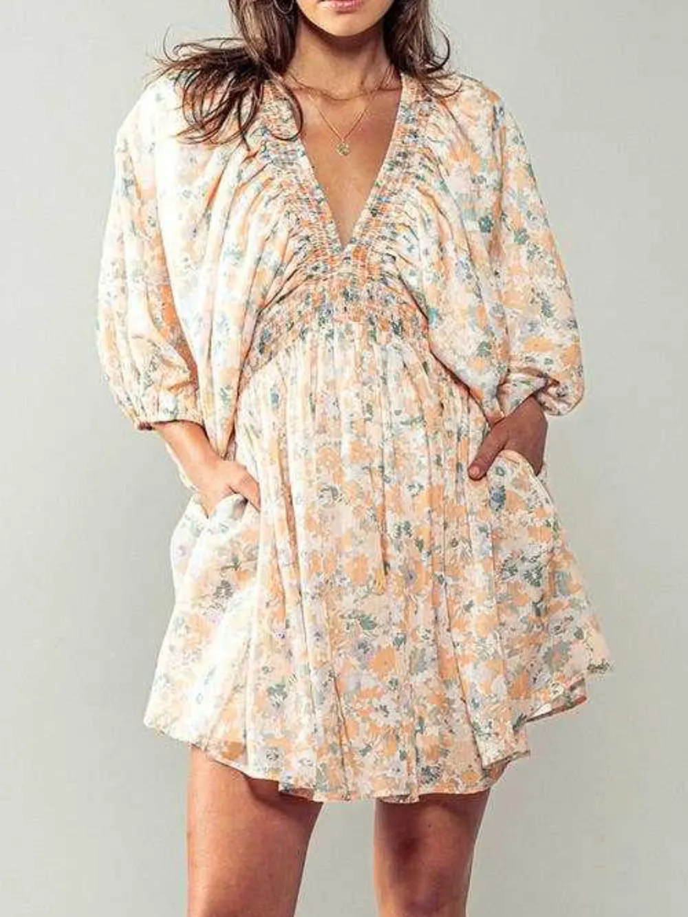 Floral V-Neck Balloon Sleeve Dress