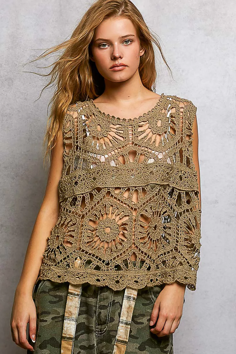 POL Openwork Round Neck Floral Crochet Tank