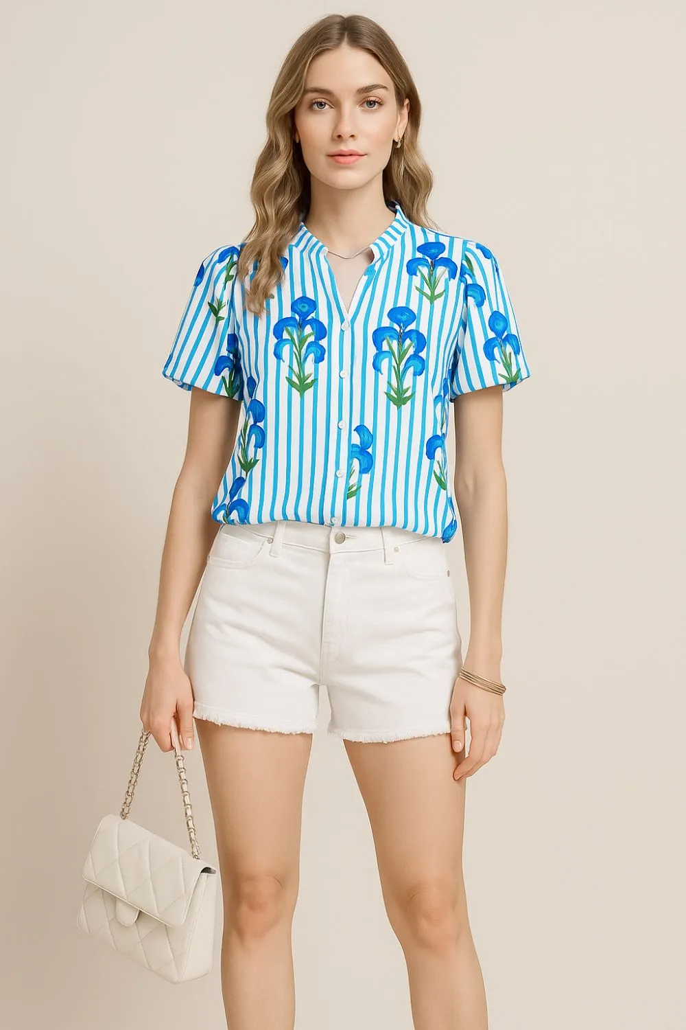 Stripe Floral Notched Neck Puff Sleeve Summer Blouse