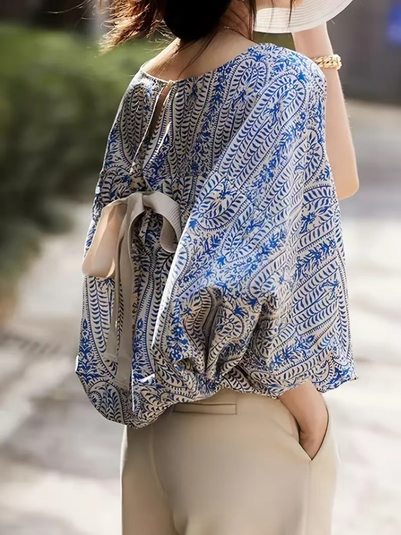 Bohemian Print Round Neck Loose Batwing Sleeve Blouse