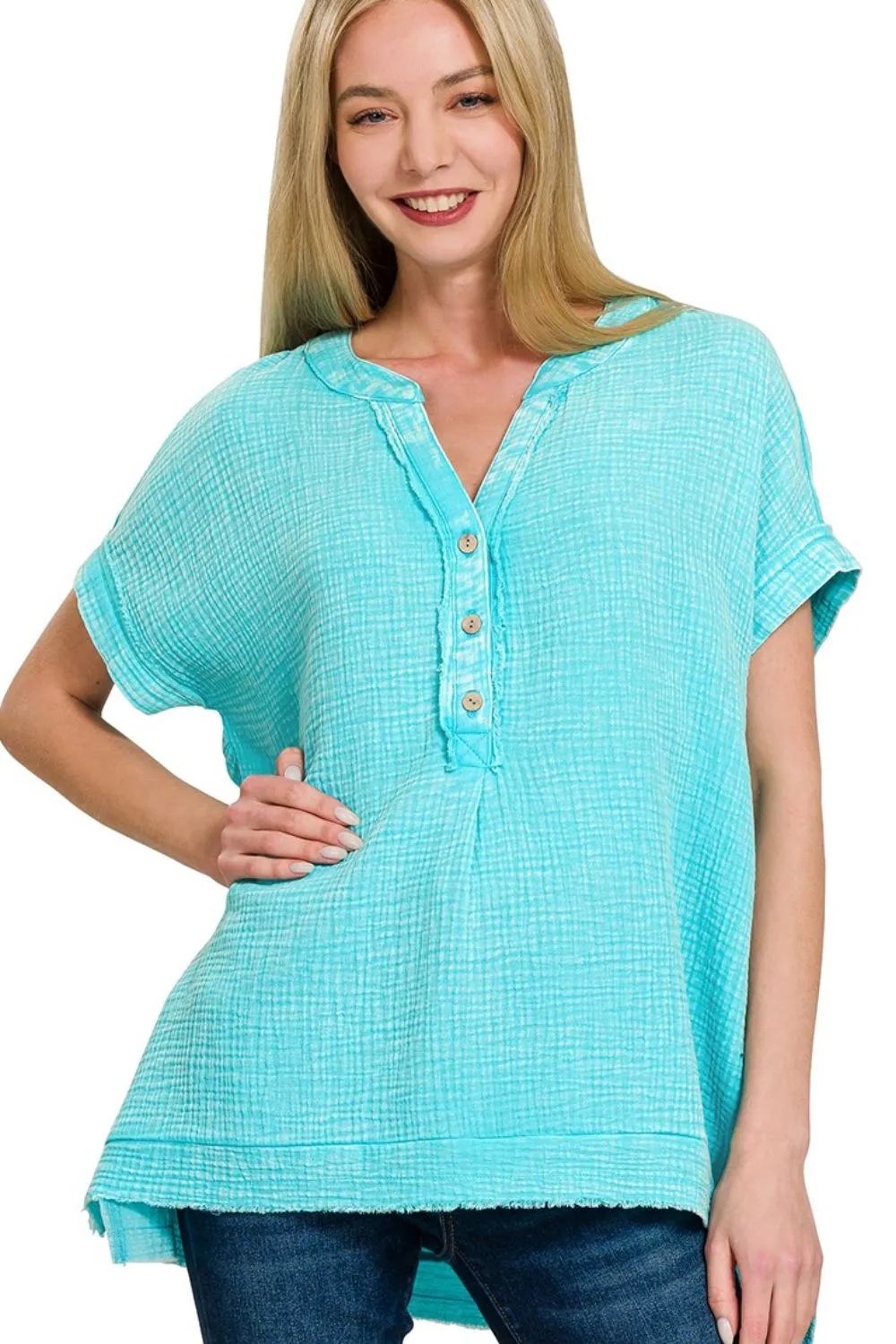 Zenana Washed Double Gauze 3/4 Button Henley Neck Shirt