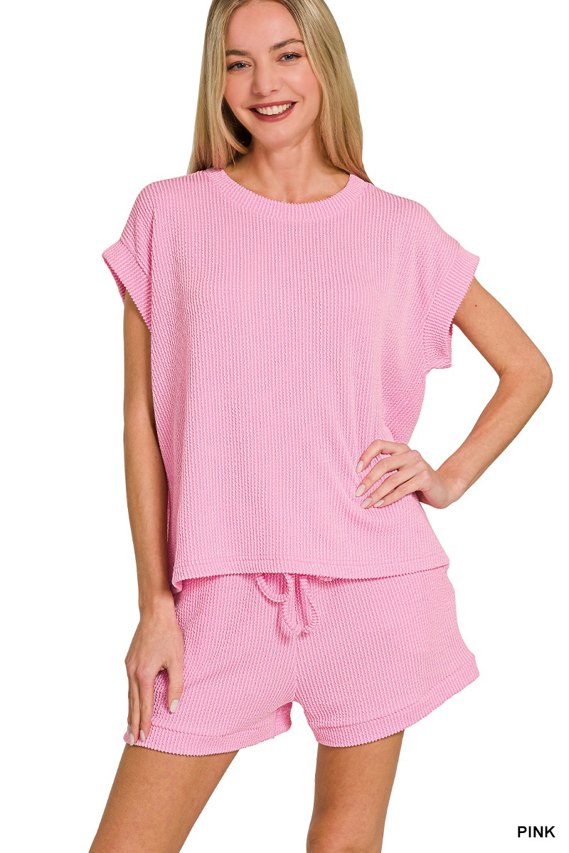 Zenana Raised Rib Cap Sleeve Top & Shorts Set